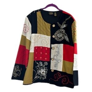 Patchwork Floral Jacket 2X Red Quilted Embroidery Festive Holiday Chic Colorful